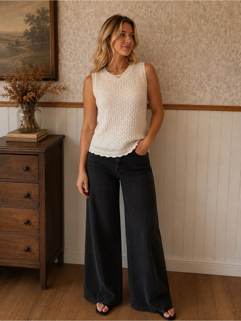 Vintage Ivory Pointelle Knit Sleeveless Top – Approx. Medium / Oversized Small